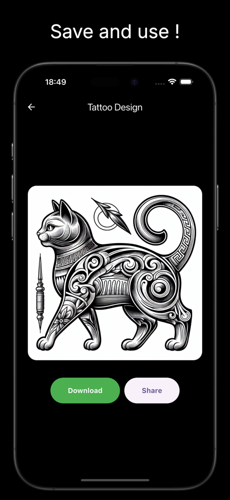 BlackInk : AI Tattoo Generator - An AI-generated intricate cat tattoo design displayed in the BlackInk app with options to download and share.