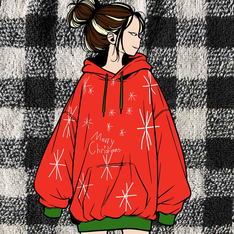 realistic girl with a oversized sweatshirt on and a bun