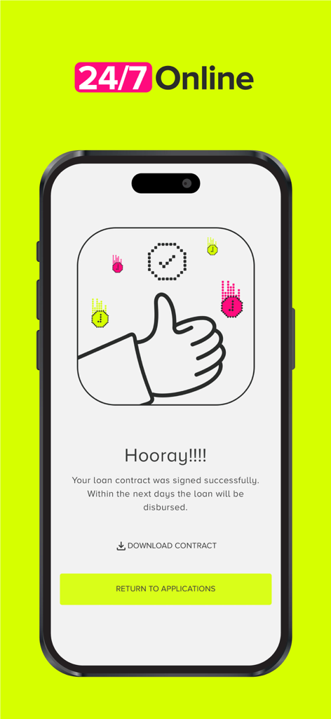 A mobile screen showing a successful loan contract signature confirmation in the Cash Plus Digital app with a thumbs up illustration