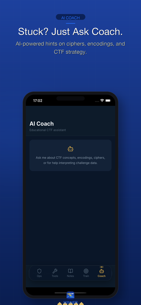 Winner CTF - Interfaz de la función de Entrenador IA en la aplicación Winner CTF proporcionando consejos de ciberseguridad y estrategia.