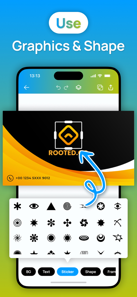 Business Card Maker : Editor - Editor de aplicaciones móviles que muestra la personalización de tarjetas de presentación con varias formas e iconos gráficos