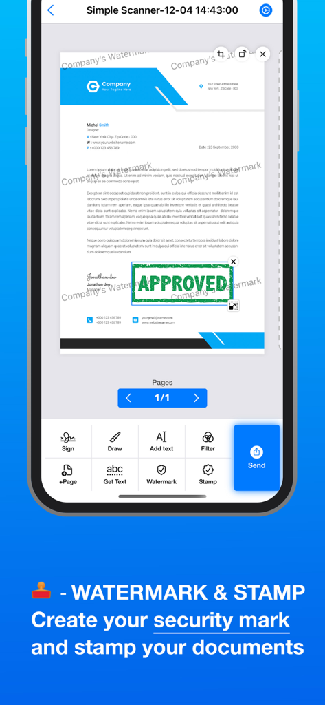 Simple Scanner: Fast Converter - A professional document inside the Simple Scanner app being edited with a green Approved stamp and custom security watermarks.