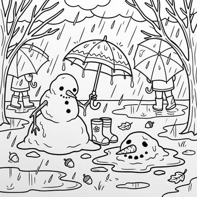 Witness the whimsical transformation as snowmen brave a rainy day in this delightful coloring page. Perfect for a cozy indoor activity, this scene invites creativity and adds a unique twist to winter themes.
