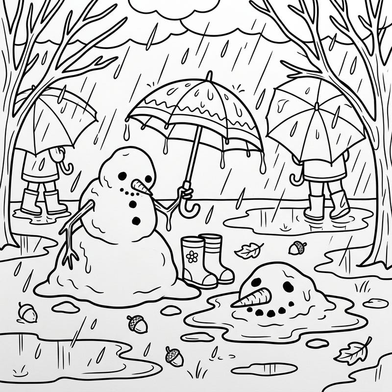 Witness the whimsical transformation as snowmen brave a rainy day in this delightful coloring page. Perfect for a cozy indoor activity, this scene invites creativity and adds a unique twist to winter themes.