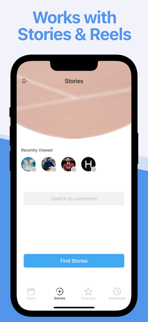 Reshare app interface for searching and reposting Instagram Stories and Reels