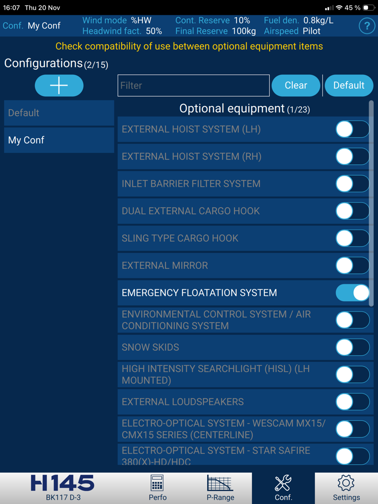 Optional equipment configuration screen for the H145 helicopter with toggles for hoist systems and cargo hooks