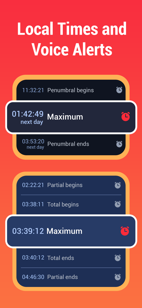 Eclipse Guide：September 2025 - Screenshot of the Eclipse Guide app showing local times and voice alerts for various eclipse phases.