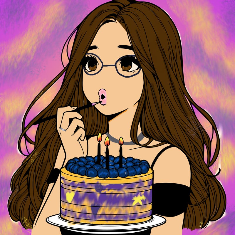 realistic girl with her hair down blowing out her birthday cake