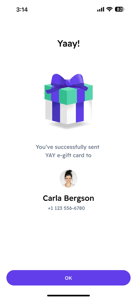 A confirmation screen in the YAY Moments app showing a successfully sent e-gift card with a gift box icon.