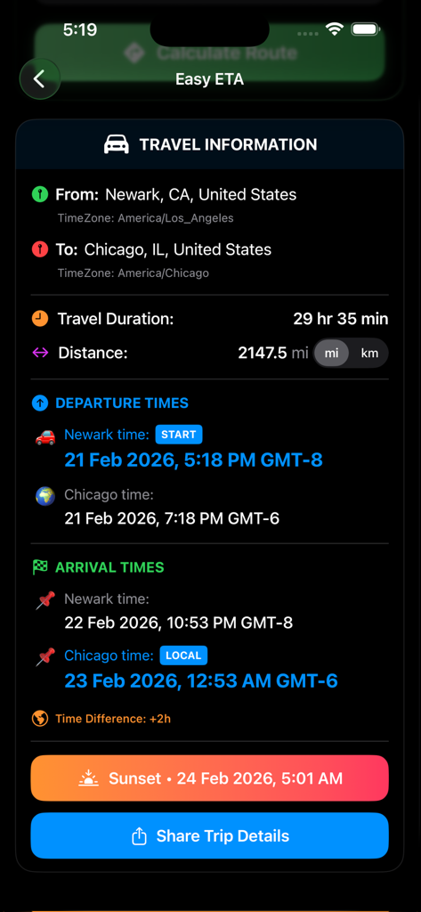 Pantalla de la aplicación Easy-ETA que muestra la duración del viaje, la distancia, la salida y los tiempos de llegada para un viaje de Newark a Chicago