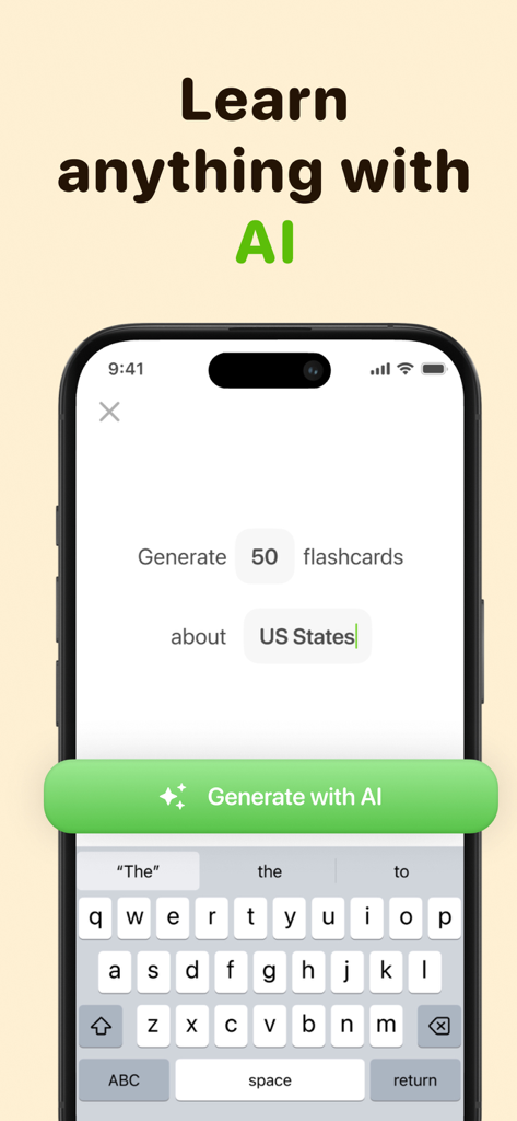 Focus Tree: Timer & Flashcards - Smartphone screen showing Focus Tree app generating 50 flashcards about US States using AI