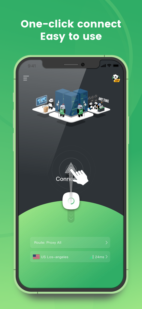 PandaVPN Lite app interface showing a one click connect button and a US Los Angeles server selection.