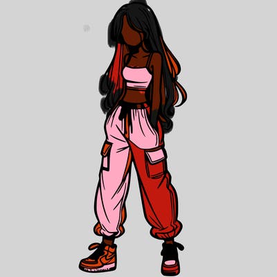girl in baggy pants crop top and long hair