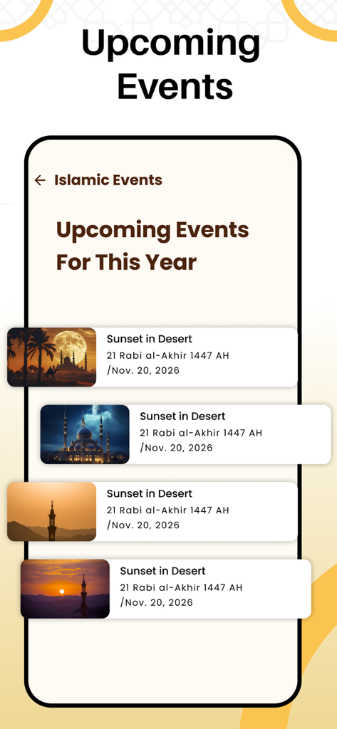 Islamic Hijri Calendar 2026 - Interfaz de la aplicación Calendario Islámico Hégira que muestra una lista de próximos eventos religiosos para el año 2026.