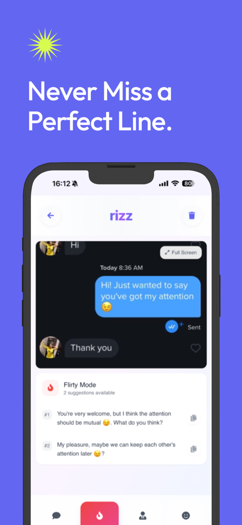 Rizz AI: Dating Chat Assistant - Interfaz de la aplicación Rizz AI mostrando sugerencias de respuestas de chat coquetas para citas