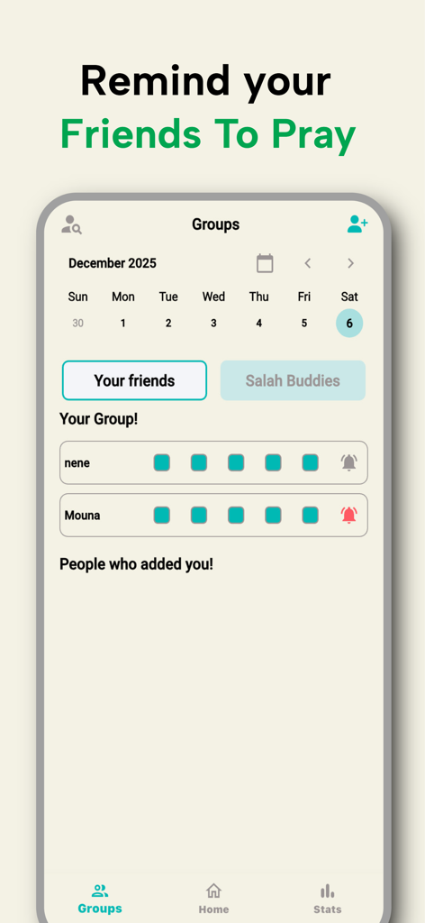 Mizan-Be consistent with salah - Mizan app screen showing prayer accountability groups to track and remind friends to pray