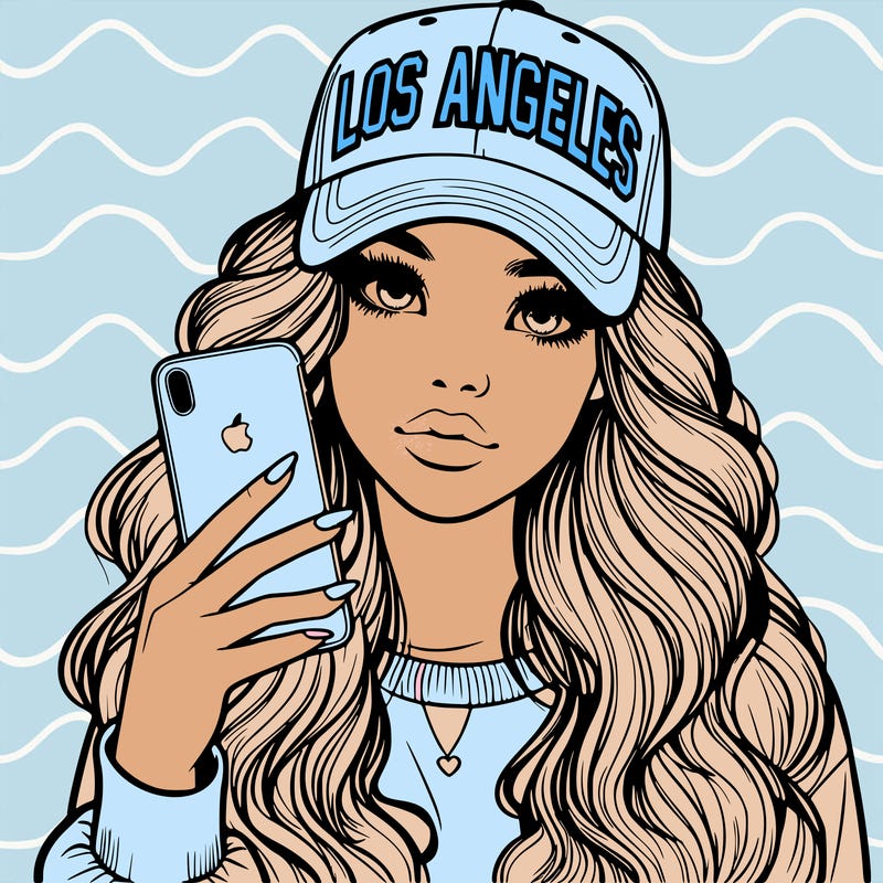 realistic beautiful girl wearing los ángeles cap holding an iphone
