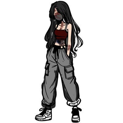 girl in baggy pants crop top and long hair