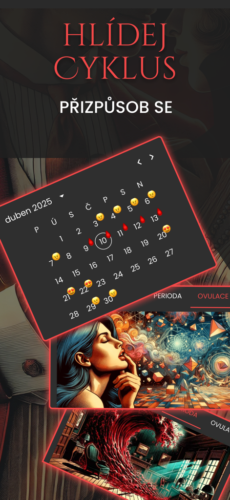 LOVEGUARD - LOVEGUARD app interface showing a partner menstrual cycle calendar with mood and period tracking icons