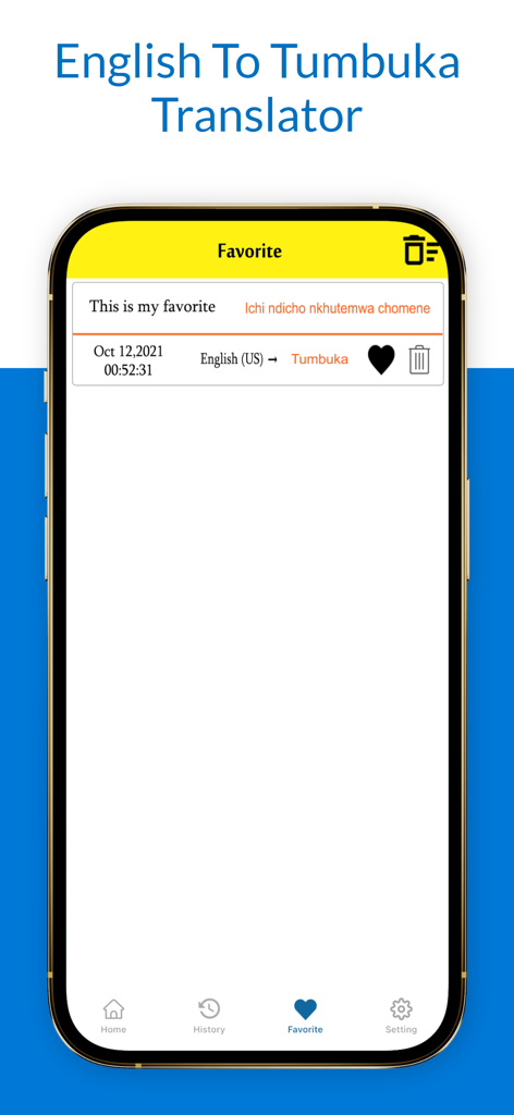 English To Tumbuka Translator - 英語からトゥンブカ語への翻訳アプリのお気に入り画面。保存されたフレーズの翻訳が表示されています。