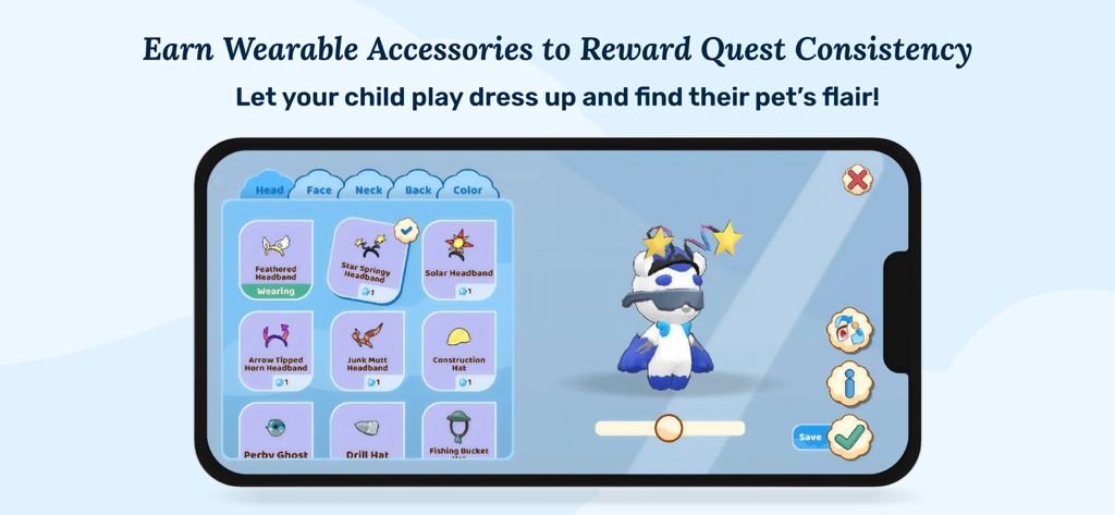 Digital pet customization screen with wearable accessories in Joon Pet Game