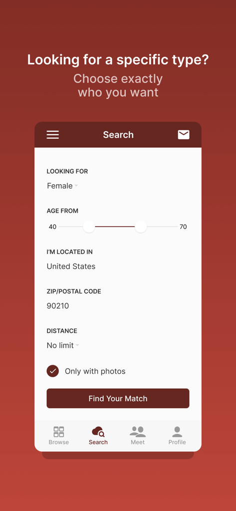Widow Singles Dating App - Search screen of the Widow Singles Dating App showing filters for age location and gender