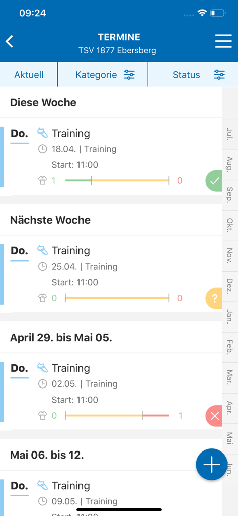 BFV-Team-App - BFV-Team-App training schedule screen showing weekly appointments and attendance status