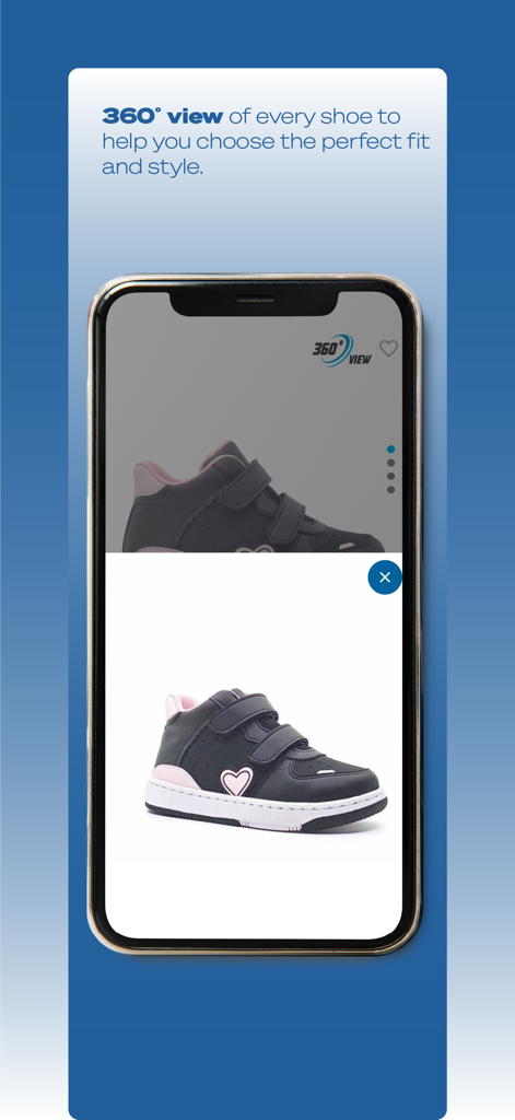 Tenten Online - Una vista interactiva de 360 grados de una zapatilla para niños dentro de la aplicación de compras Tenten Online.
