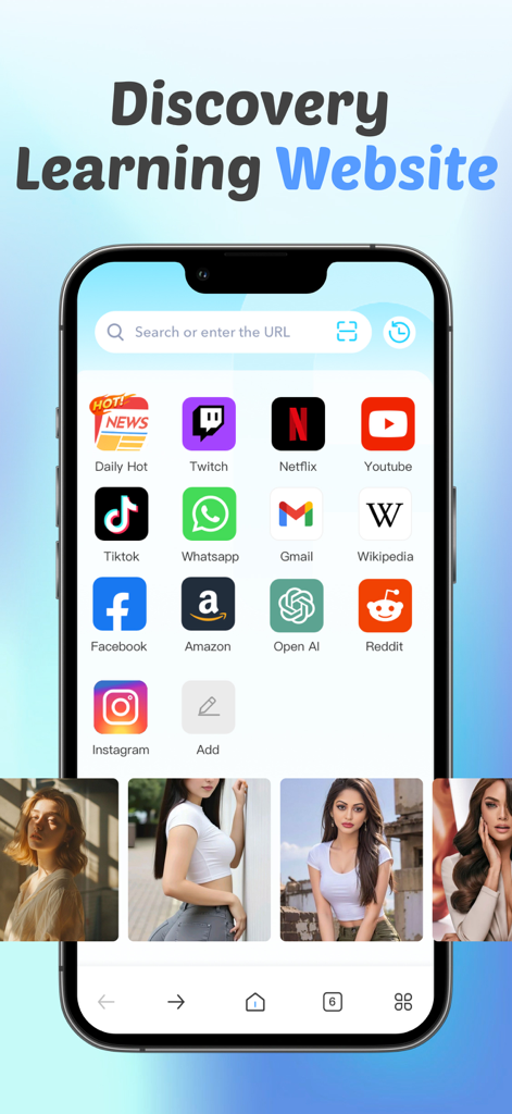 AI Translate Hubのスマートブラウザインターフェース。ウェブサイトのショートカットと発見機能が表示されている。