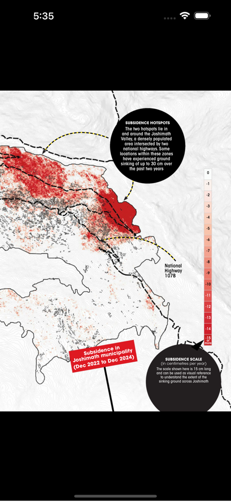 Una mappa infografica che illustra il cedimento del suolo a Joshimath dall'app Down To Earth Magazine.