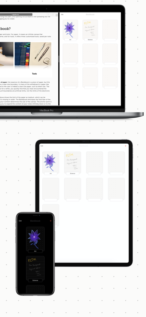 Blankbook app displayed on MacBook iPad and iPhone showing a digital bookshelf of handwritten notes