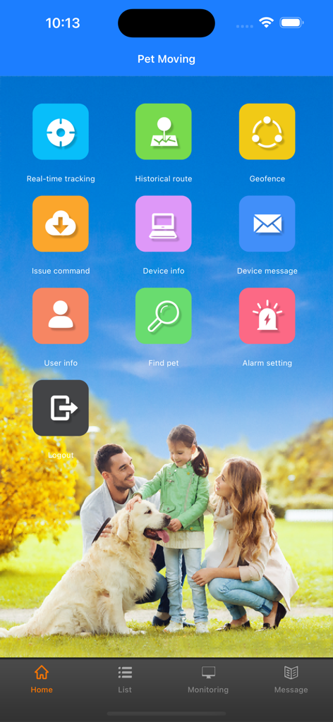 AKSH GPS - Main menu of the AKSH GPS app showing tracking features like real-time tracking, geofence, and find pet with a background of a family and their dog.