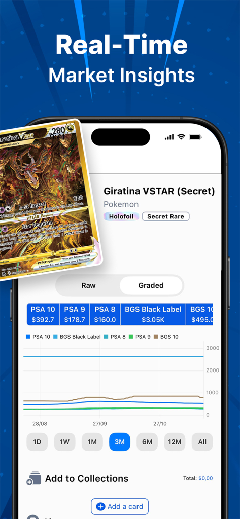 App screen showing real-time market insights and price charts for a Pokemon trading card.