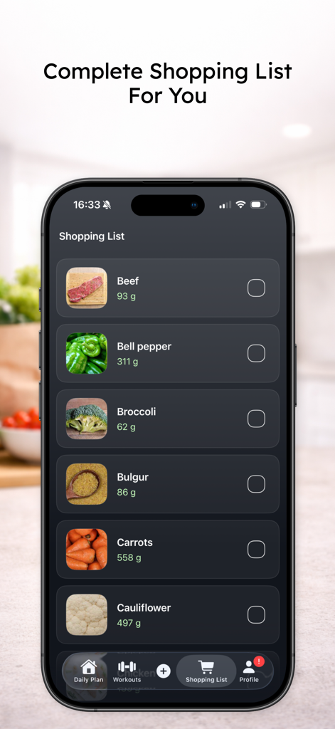 Delicious Fitness - Delicious Fitness app shopping list screen showing ingredients and portions for meal planning.