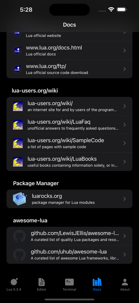 Lua IDE app screen showing official documentation and learning resource links