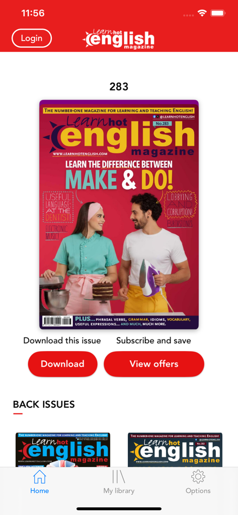 Pantalla de inicio de la aplicación de la revista Learn Hot English que muestra la portada del número actual y las opciones de descarga.