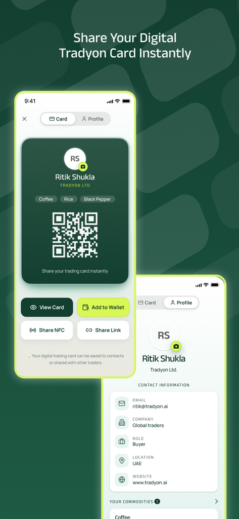 Tradyon - Mobile interface of Tradyon app showing a digital trading card with QR code and trader contact information