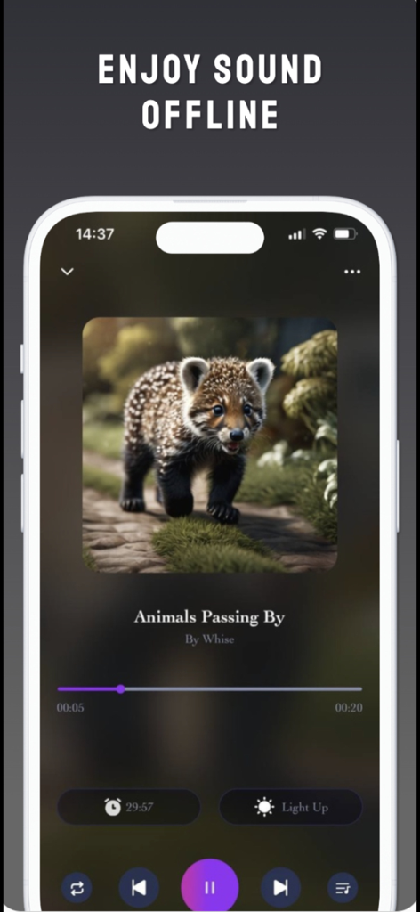Musikplayer-Bildschirm der eMus-App, der die Offline-Audiowiedergabeoberfläche zeigt