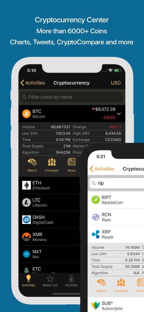 Stocks Live app cryptocurrency tracking screen showing Bitcoin market data and a list of altcoins