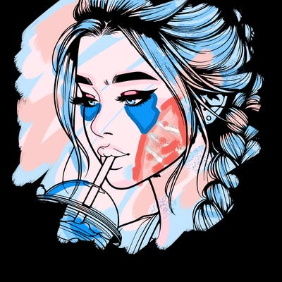 realistic girl drinking boba tea with braided hair