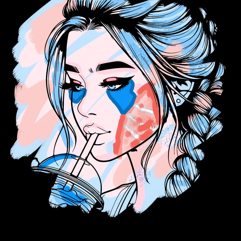 realistic girl drinking boba tea with braided hair