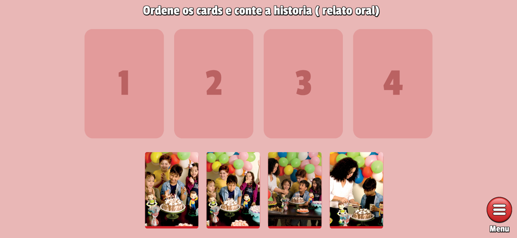 Conto & Reconto - Educational game screen for ordering four sequential cards of a birthday party story