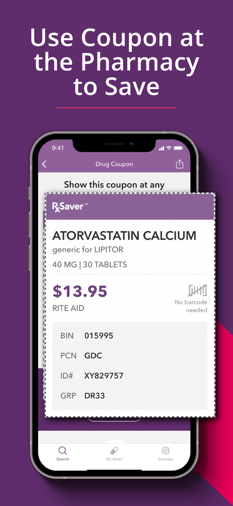 Digital prescription coupon for Atorvastatin on the RxSaver app showing a discounted price at Rite Aid.