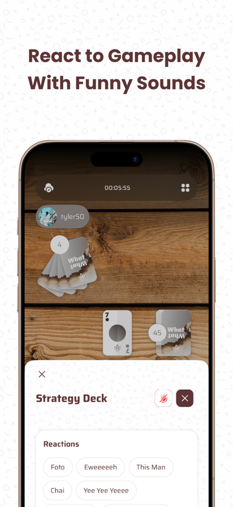 Whotnite - Play Whot Online - A screenshot of Whotnite showing funny sound reactions and card gameplay on a wooden table interface.