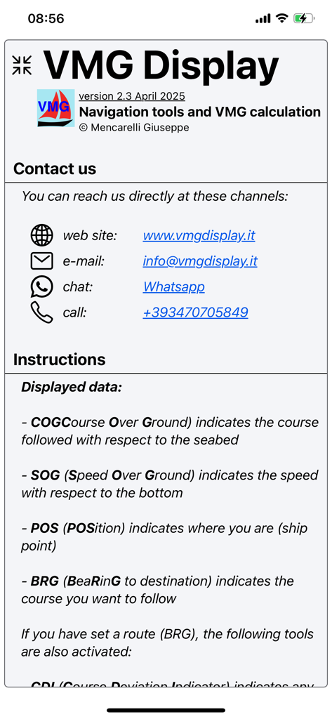 Pantalla de información de la aplicación VMG Display con instrucciones de la herramienta de navegación e información de contacto