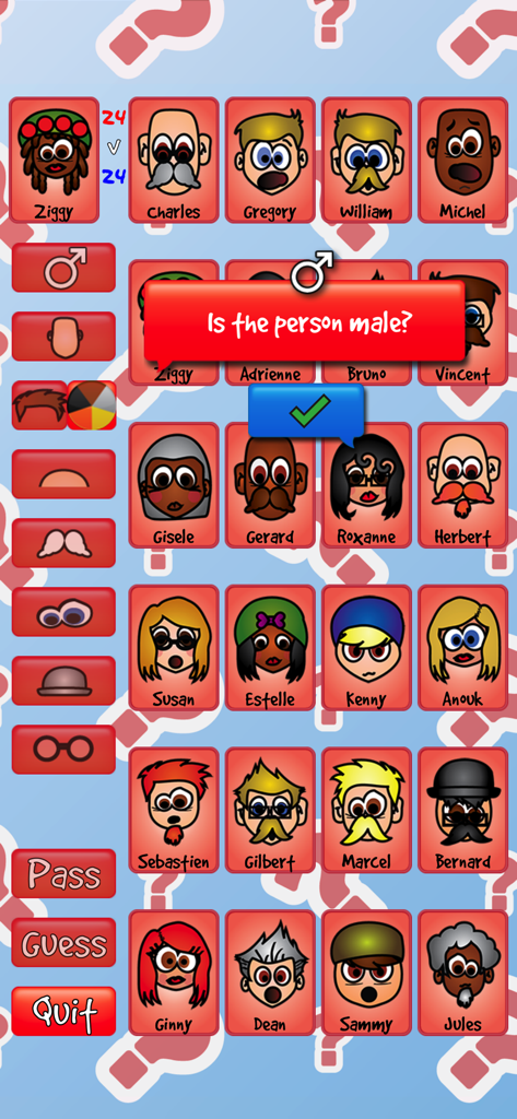 Pantalla de juego de ¿Adivina la Persona? mostrando una cuadrícula de personajes animados y la pregunta es el personaje es hombre