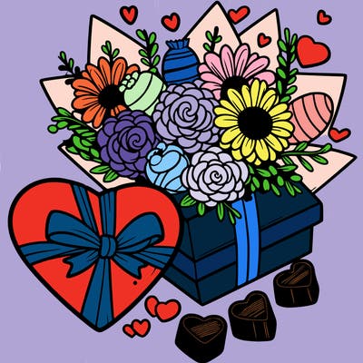 a heart flowers, and chocolates