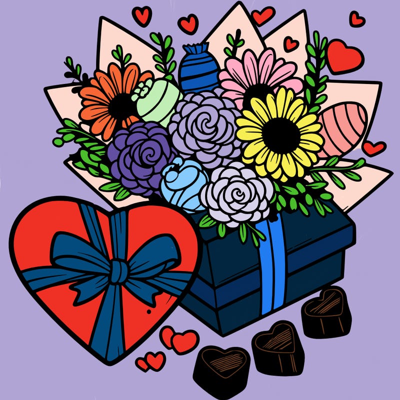 a heart flowers, and chocolates
