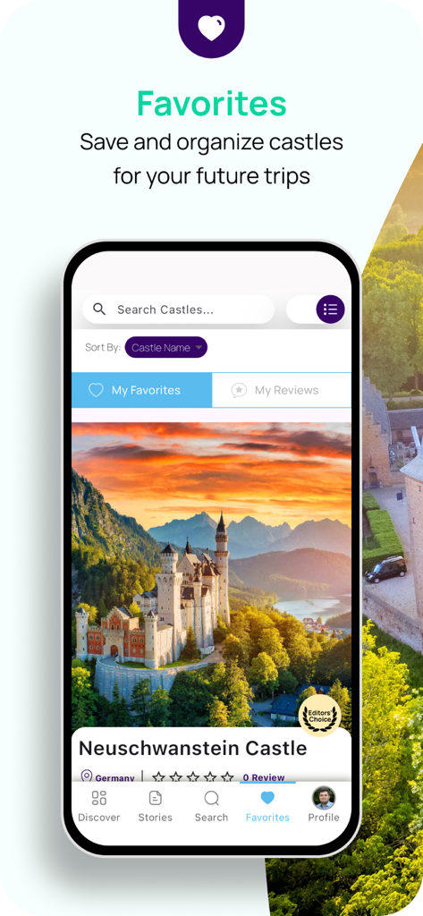 Castle.Tips-beautiful Castles! - App screen showing the Favorites section with a photo of Neuschwanstein Castle