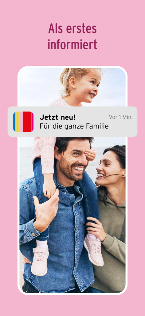 Smartphone-Bildschirm zeigt eine Push-Benachrichtigung von der Ernsting's family App mit einem Bild einer glücklichen Familie.